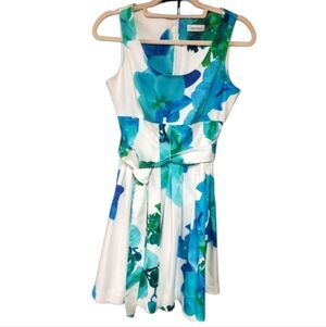 CALVIN KLEIN AQUA FLORAL SLEEVELESS WIDE BELT DRESS SIZE 2